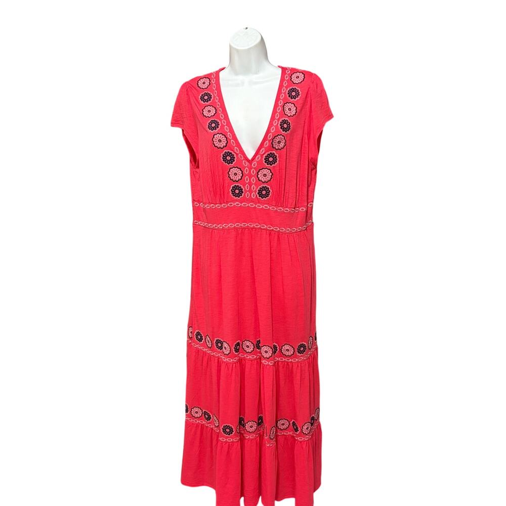 Boden Embroidered Coral Pink Midi Dress Floral V-Neck Tiered NWT US 10